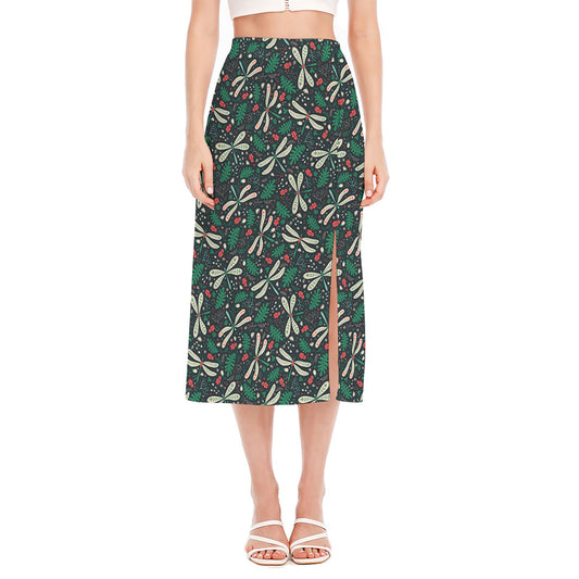 Christmas Floral Dragonfly Pattern Print Side Slit Midi Skirt
