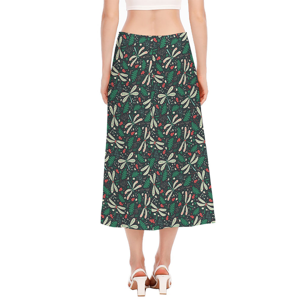 Christmas Floral Dragonfly Pattern Print Side Slit Midi Skirt