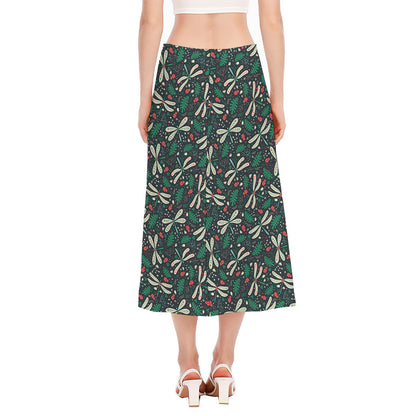 Christmas Floral Dragonfly Pattern Print Side Slit Midi Skirt