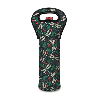 Christmas Floral Dragonfly Pattern Print Single Neoprene Wine Tote