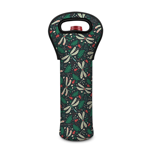 Christmas Floral Dragonfly Pattern Print Single Neoprene Wine Tote