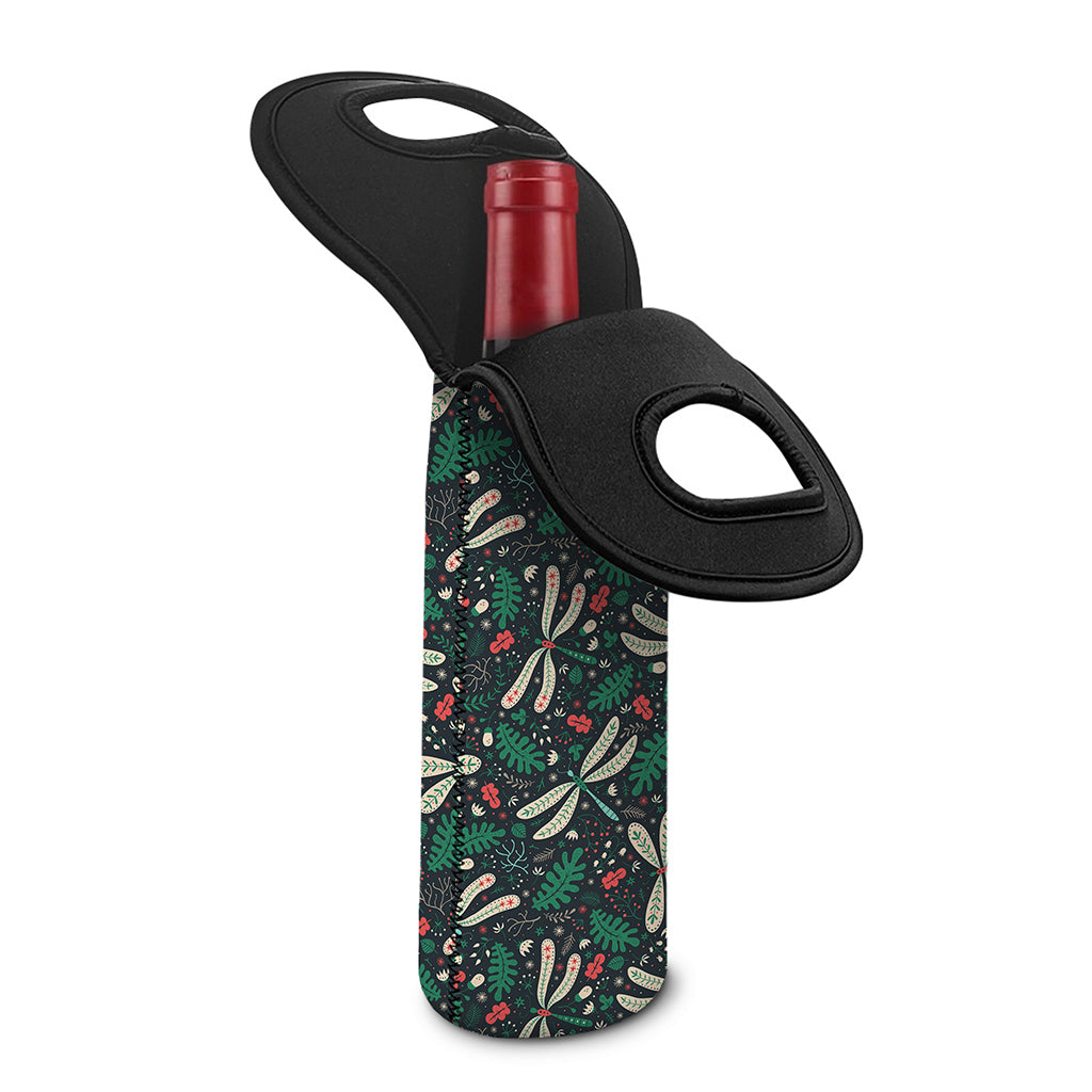 Christmas Floral Dragonfly Pattern Print Single Neoprene Wine Tote
