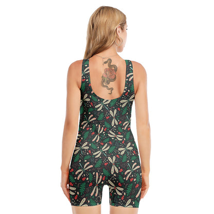 Christmas Floral Dragonfly Pattern Print Sleeveless One Piece Swimsuit