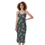 Christmas Floral Dragonfly Pattern Print Slim Fit Midi Cami Dress