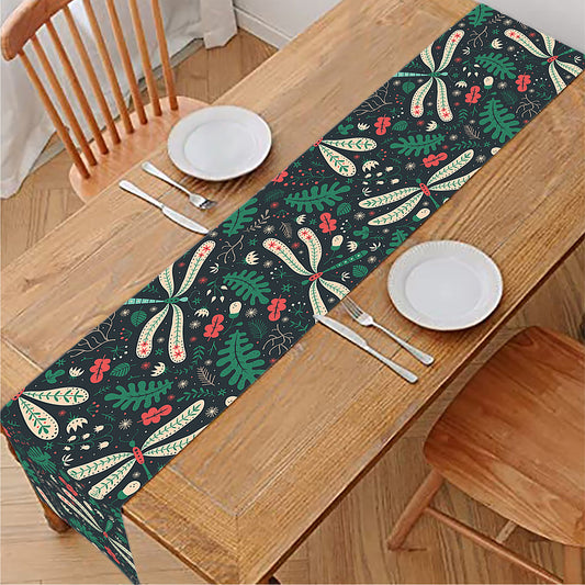 Christmas Floral Dragonfly Pattern Print Table Runner