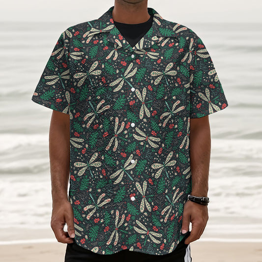 Christmas Floral Dragonfly Pattern Print Textured Short Sleeve Shirt