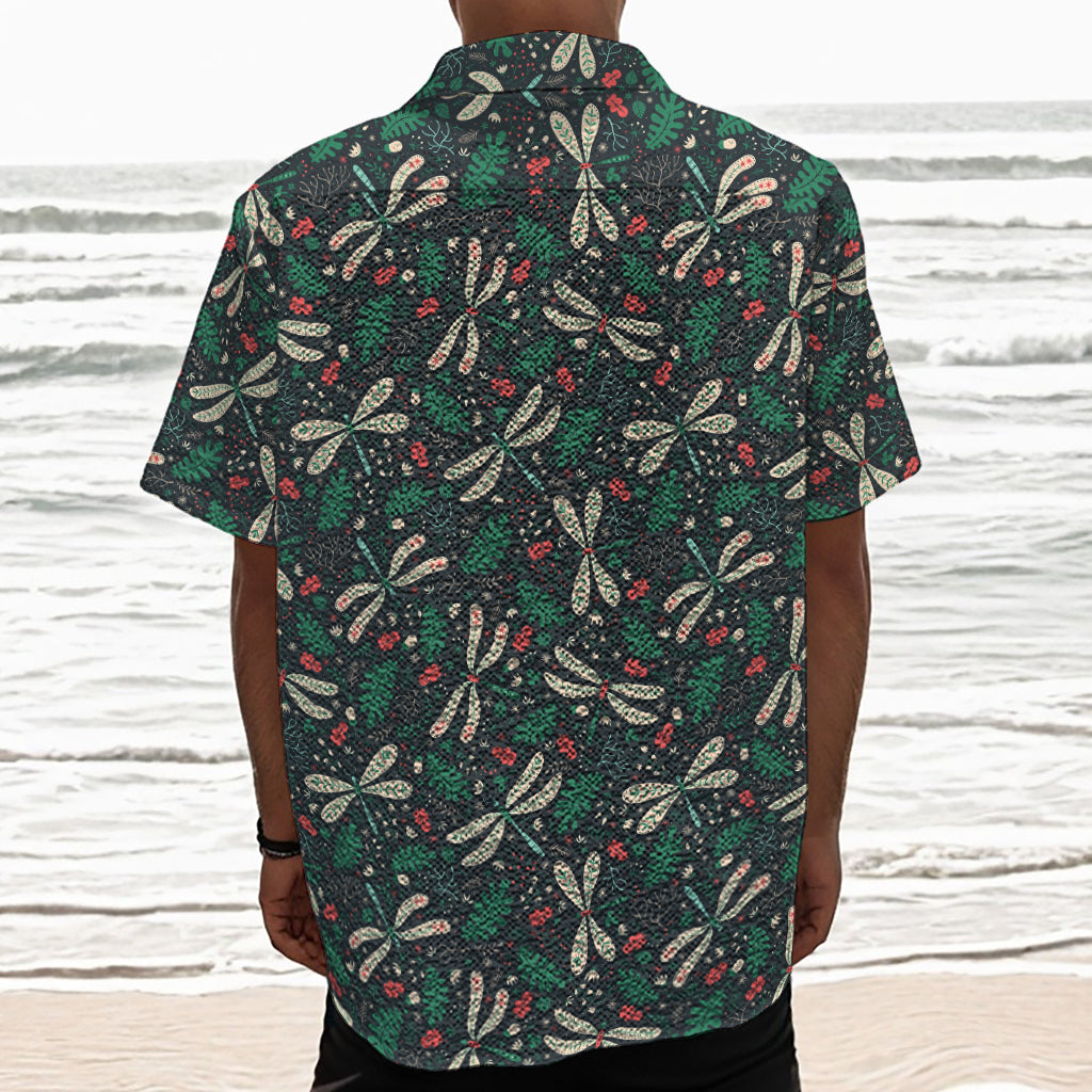 Christmas Floral Dragonfly Pattern Print Textured Short Sleeve Shirt