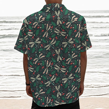 Christmas Floral Dragonfly Pattern Print Textured Short Sleeve Shirt