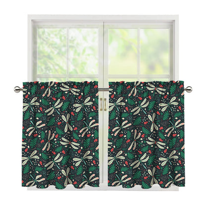 Christmas Floral Dragonfly Pattern Print Tier Curtains
