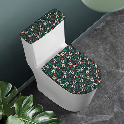 Christmas Floral Dragonfly Pattern Print Toilet Lid And Tank Cover Set