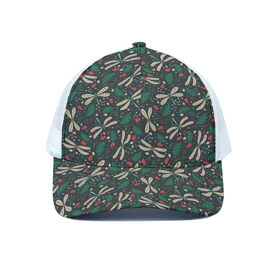 Christmas Floral Dragonfly Pattern Print White Mesh Trucker Cap