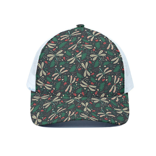 Christmas Floral Dragonfly Pattern Print White Mesh Trucker Cap