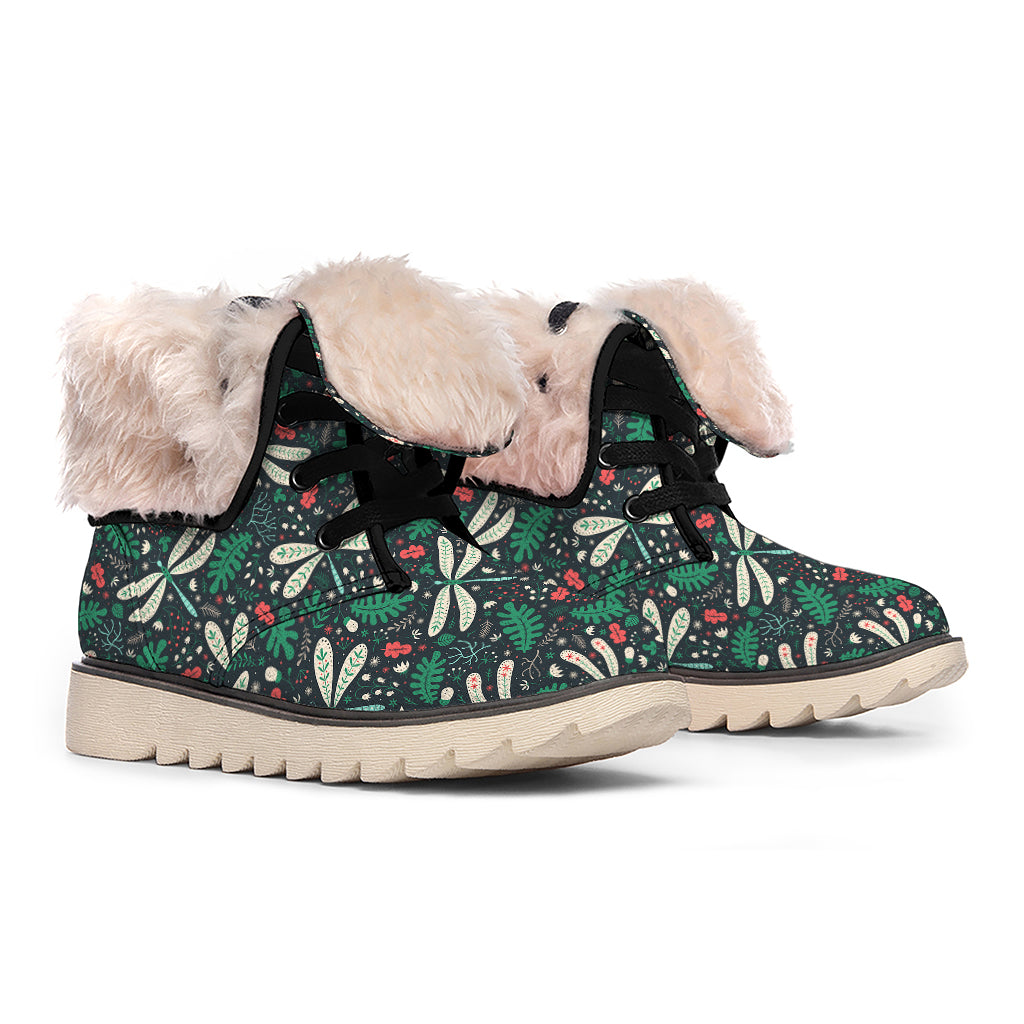 Christmas Floral Dragonfly Pattern Print Winter Boots