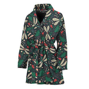 Christmas Floral Dragonfly Pattern Print Women's Bathrobe