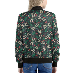 Christmas Floral Dragonfly Pattern Print Women's Bomber Jacket