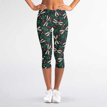 Christmas Floral Dragonfly Pattern Print Women's Capri Leggings