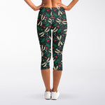 Christmas Floral Dragonfly Pattern Print Women's Capri Leggings