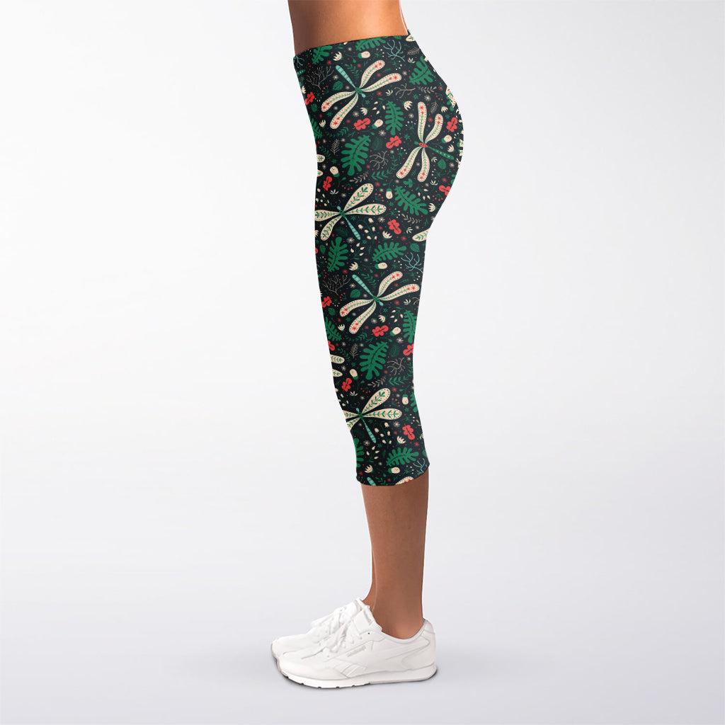 Christmas Floral Dragonfly Pattern Print Women's Capri Leggings