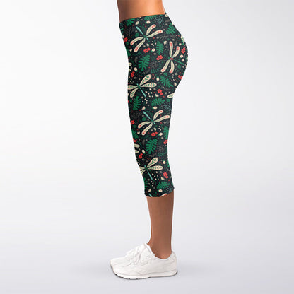 Christmas Floral Dragonfly Pattern Print Women's Capri Leggings