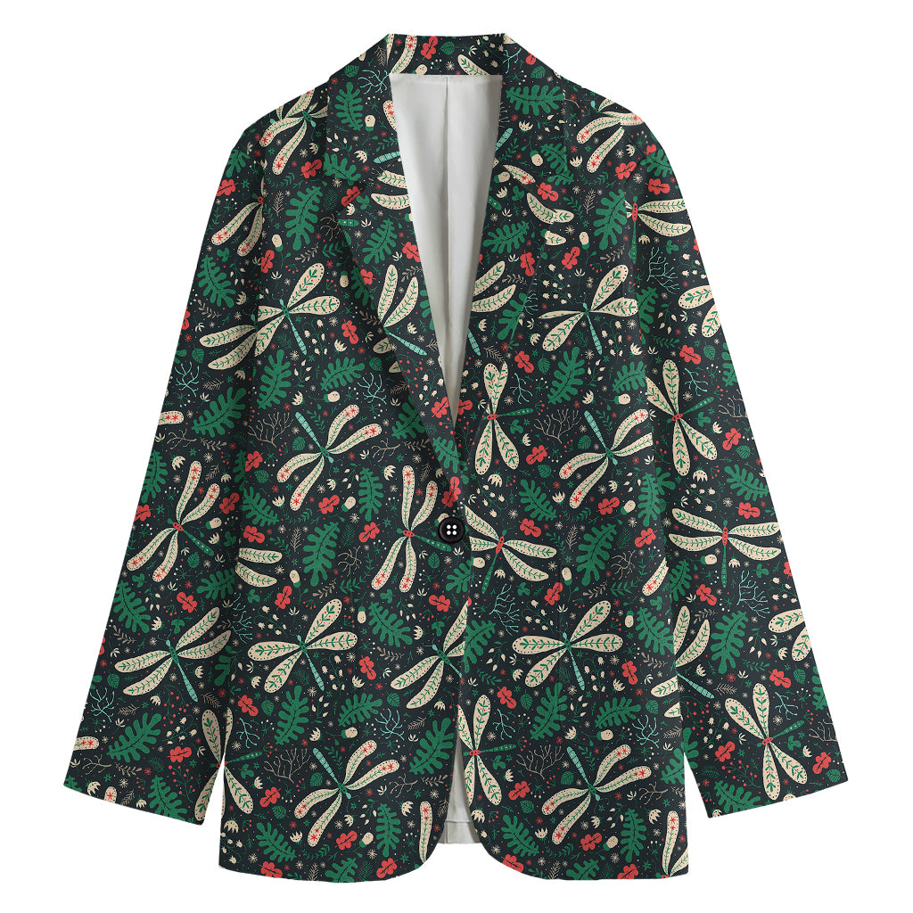 Christmas Floral Dragonfly Pattern Print Women's Cotton Blazer