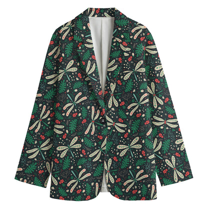 Christmas Floral Dragonfly Pattern Print Women's Cotton Blazer