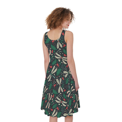 Christmas Floral Dragonfly Pattern Print Women's Sleeveless Dress