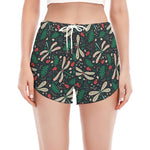 Christmas Floral Dragonfly Pattern Print Women's Split Running Shorts