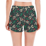 Christmas Floral Dragonfly Pattern Print Women's Split Running Shorts