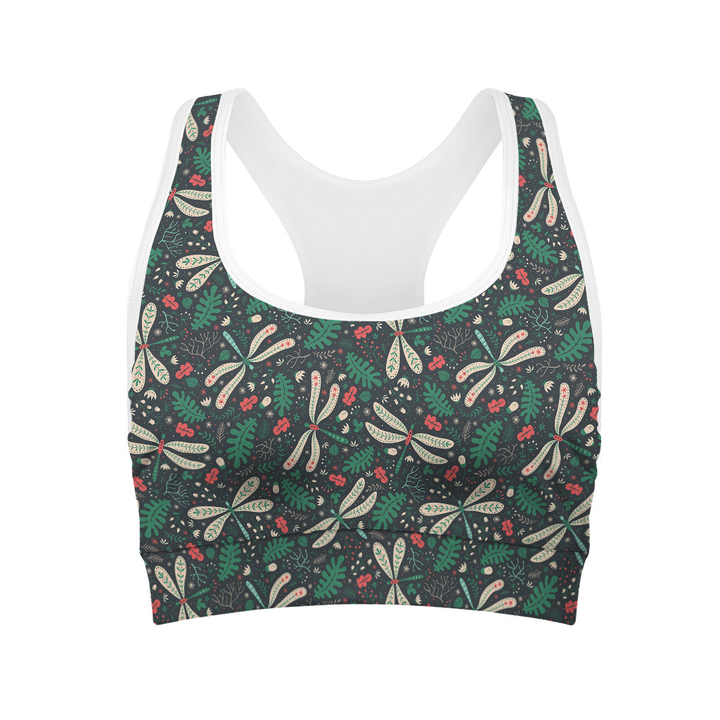 Christmas Floral Dragonfly Pattern Print Women's Sports Bra