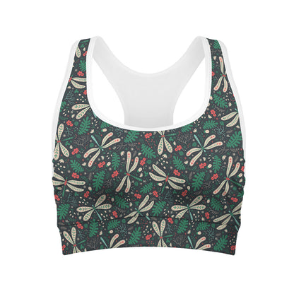 Christmas Floral Dragonfly Pattern Print Women's Sports Bra