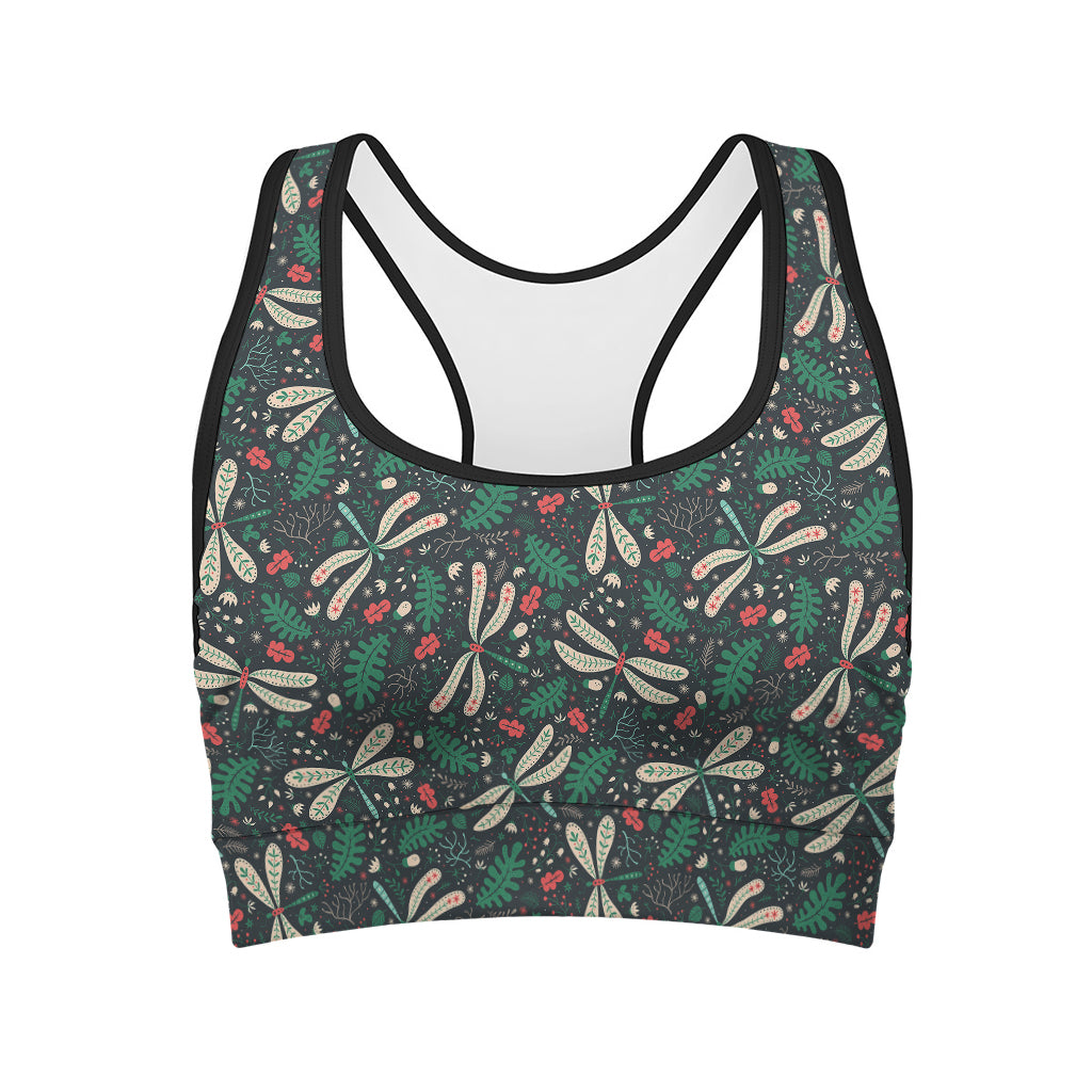 Christmas Floral Dragonfly Pattern Print Women's Sports Bra