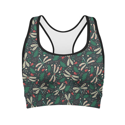 Christmas Floral Dragonfly Pattern Print Women's Sports Bra