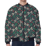 Christmas Floral Dragonfly Pattern Print Zip Sleeve Bomber Jacket