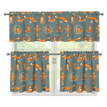 Christmas Fox Pattern Print 3 Piece Kitchen Curtains
