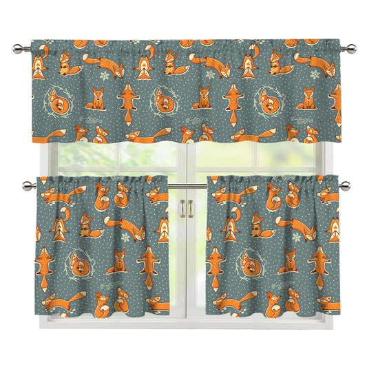 Christmas Fox Pattern Print 3 Piece Kitchen Curtains