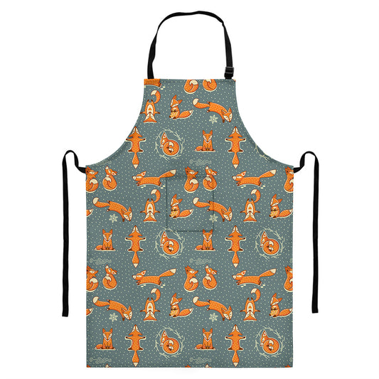 Christmas Fox Pattern Print Bib Apron With Pocket