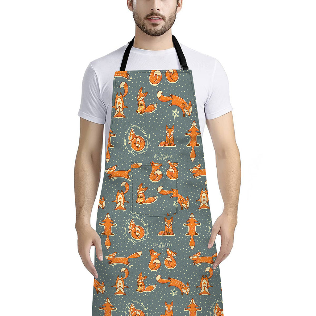 Christmas Fox Pattern Print Bib Apron With Pocket