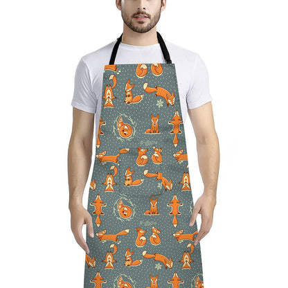 Christmas Fox Pattern Print Bib Apron With Pocket