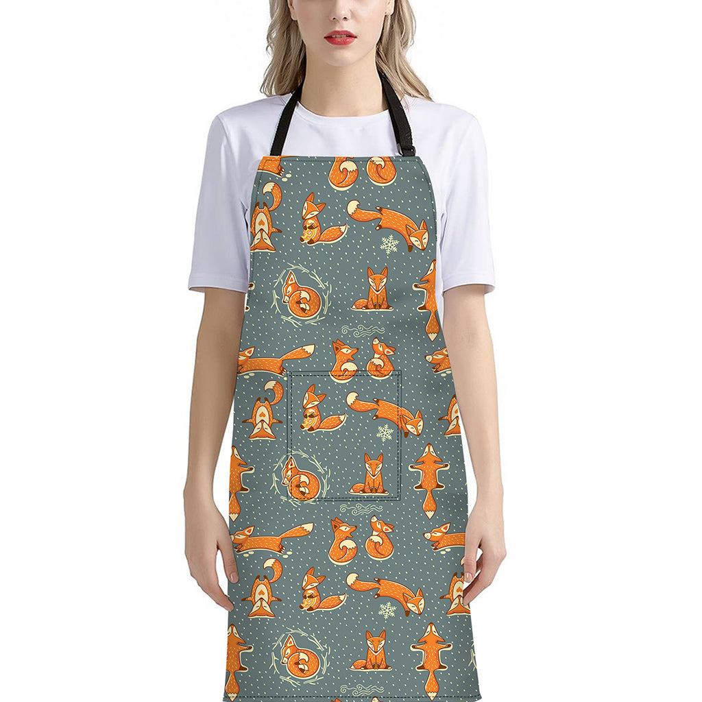 Christmas Fox Pattern Print Bib Apron With Pocket