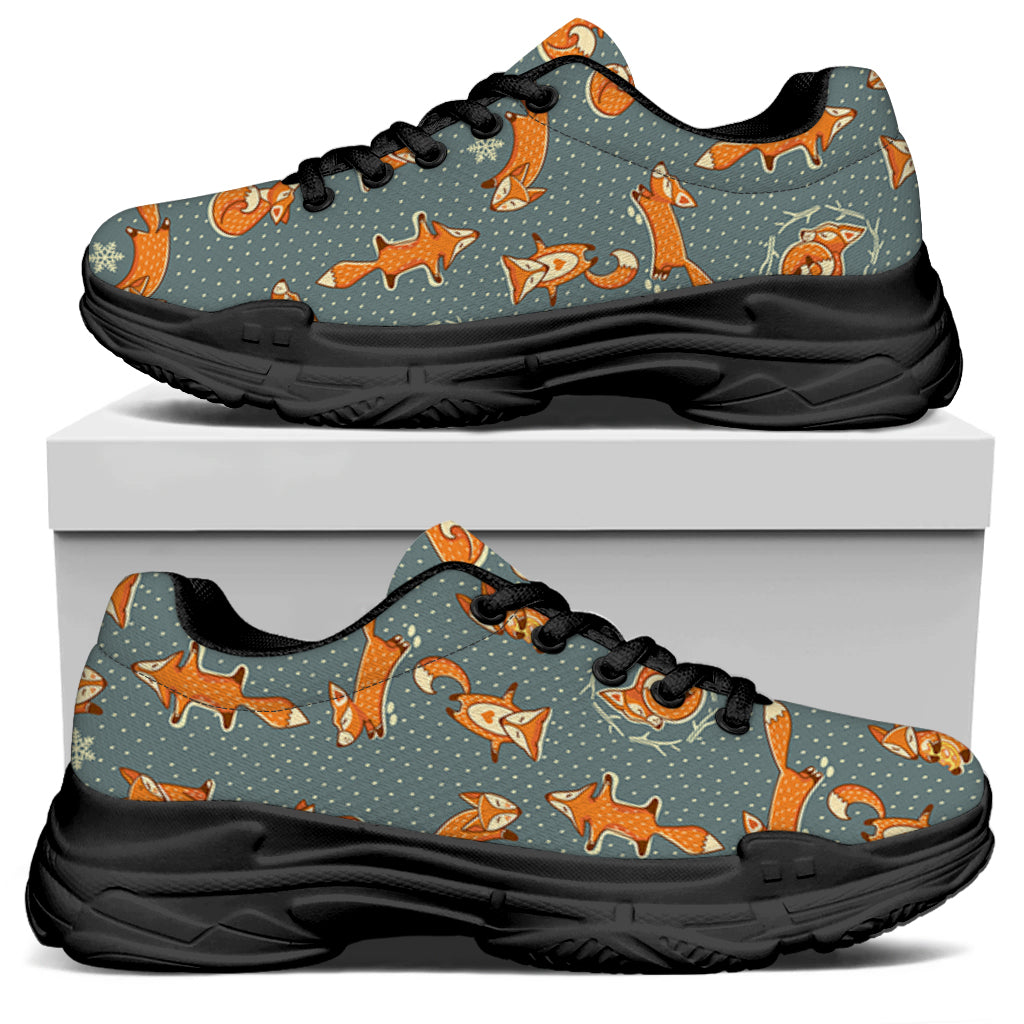 Christmas Fox Pattern Print Black Chunky Shoes