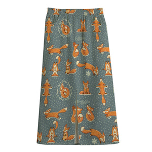 Christmas Fox Pattern Print Cotton Front Slit Maxi Skirt