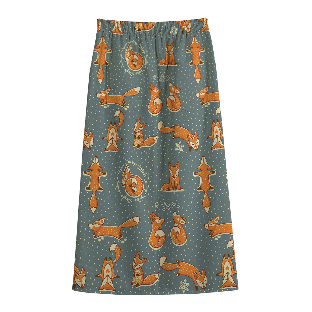 Christmas Fox Pattern Print Cotton Front Slit Maxi Skirt