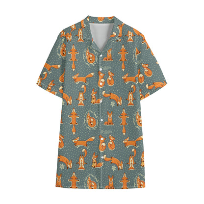Christmas Fox Pattern Print Cotton Hawaiian Shirt