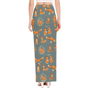 Christmas Fox Pattern Print High Slit Maxi Skirt