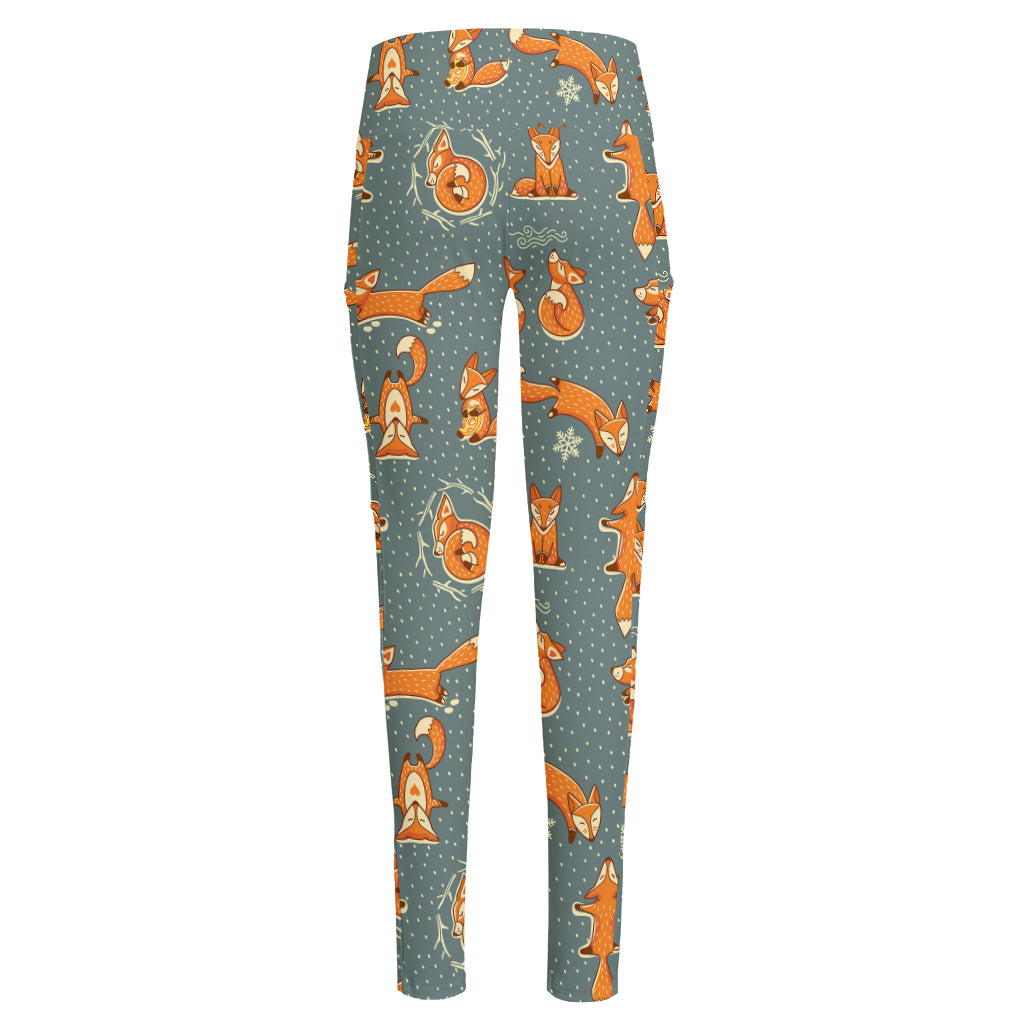 Christmas Fox Pattern Print High-Waisted Pocket Leggings