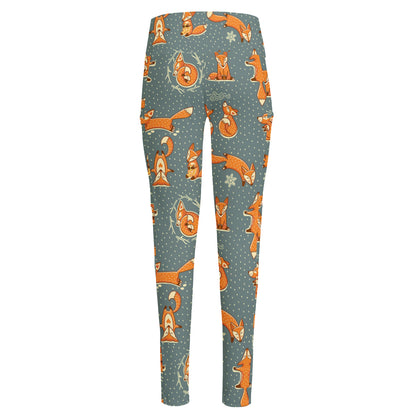 Christmas Fox Pattern Print High-Waisted Pocket Leggings