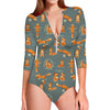 Christmas Fox Pattern Print Long Sleeve Swimsuit