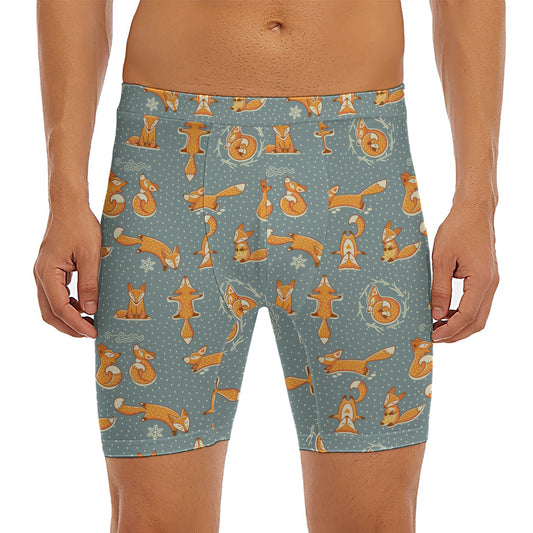 Christmas Fox Pattern Print Men's Long Boxer Briefs