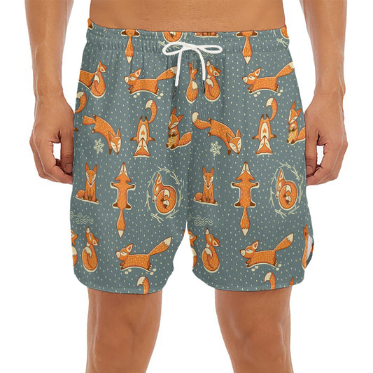Christmas Fox Pattern Print Men's Split Running Shorts