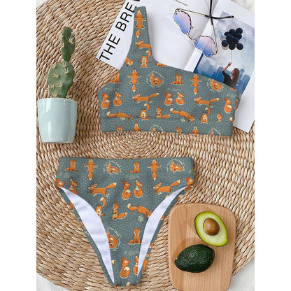 Christmas Fox Pattern Print One Shoulder Bikini Top